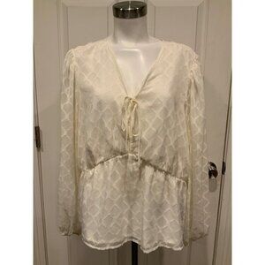 Elizabeth and James Cream Geometric Textured V-Neck Blouse, Size XXL